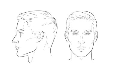 İnsan yüzü portresinin vektör kümesi üç farklı açı ve bir erkek başının dönüşleri. Yakın plan çizimi. Farklı bir bakış açısı, profil, bir çocuğun dörtte üçü..