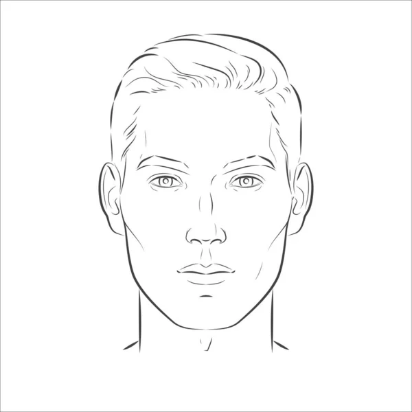 Set of man face portrait three different angles and turns of a male head. Close-up vector line sketch. Different view front, profile, three-quarter of a boy. — Stock Vector