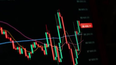 Finansal piyasadaki kripto para biriminin dijital bir grafiği gündelik olarak yükseldiğini veya düştüğünü gösteriyor. Bitcoin değeri ve kriz sırasında dijital varlık yatırımcıları için bir dolar. Tüccar kârı.