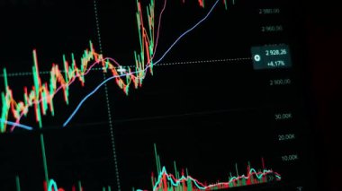 Finansal piyasadaki kripto para biriminin dijital bir grafiği gündelik olarak yükseldiğini veya düştüğünü gösteriyor. Bitcoin değeri ve kriz sırasında dijital varlık yatırımcıları için bir dolar. Tüccar kârı.