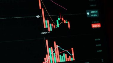 Finansal piyasadaki kripto para biriminin dijital bir grafiği gündelik olarak yükseldiğini veya düştüğünü gösteriyor. Bitcoin değeri ve kriz sırasında dijital varlık yatırımcıları için bir dolar. Tüccar kârı.