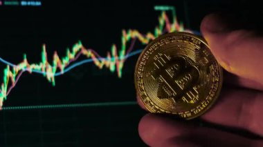 Finansal piyasadaki kripto para biriminin dijital bir grafiği gündelik olarak yükseldiğini veya düştüğünü gösteriyor. Bitcoin değeri ve kriz sırasında dijital varlık yatırımcıları için bir dolar. Tüccar kârı.