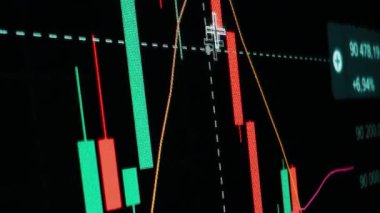 Finansal piyasadaki kripto para biriminin dijital bir grafiği gündelik olarak yükseldiğini veya düştüğünü gösteriyor. Bitcoin değeri ve kriz sırasında dijital varlık yatırımcıları için bir dolar. Tüccar kârı.