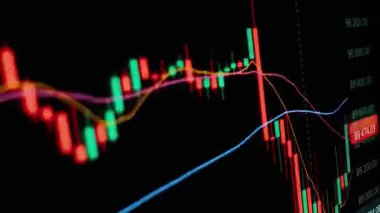 Finansal piyasadaki kripto para biriminin dijital bir grafiği gündelik olarak yükseldiğini veya düştüğünü gösteriyor. Bitcoin değeri ve kriz sırasında dijital varlık yatırımcıları için bir dolar. Tüccar kârı.