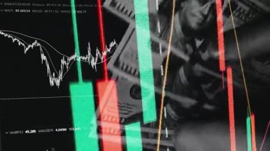 Finansal piyasadaki kripto para biriminin dijital bir grafiği gündelik olarak yükseldiğini veya düştüğünü gösteriyor. Bitcoin değeri ve kriz sırasında dijital varlık yatırımcıları için bir dolar. Tüccar kârı.