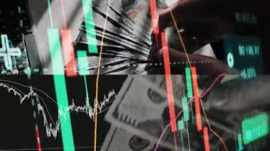 Finansal piyasadaki kripto para biriminin dijital bir grafiği gündelik olarak yükseldiğini veya düştüğünü gösteriyor. Bitcoin değeri ve kriz sırasında dijital varlık yatırımcıları için bir dolar. Tüccar kârı.