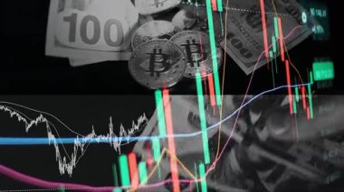 Finansal piyasadaki kripto para biriminin dijital bir grafiği gündelik olarak yükseldiğini veya düştüğünü gösteriyor. Bitcoin değeri ve kriz sırasında dijital varlık yatırımcıları için bir dolar. Tüccar kârı.