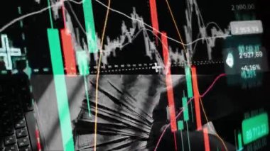 Finansal piyasadaki kripto para biriminin dijital bir grafiği gündelik olarak yükseldiğini veya düştüğünü gösteriyor. Bitcoin değeri ve kriz sırasında dijital varlık yatırımcıları için bir dolar. Tüccar kârı.