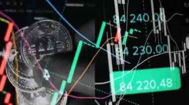 Finansal piyasadaki kripto para biriminin dijital bir grafiği gündelik olarak yükseldiğini veya düştüğünü gösteriyor. Bitcoin değeri ve kriz sırasında dijital varlık yatırımcıları için bir dolar. Tüccar kârı.