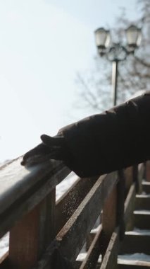 Eldivenli elleriyle kara dokunan ve havada kar taneleri uçuşan bir kızın yakın çekimi. Soğuk bir kış gününde parkta bir yürüyüş..