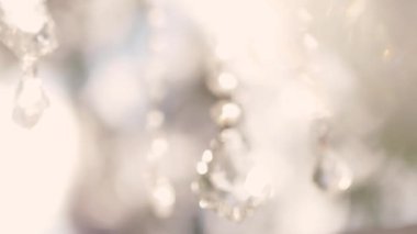 Cam bir avize ve güneş ışığında parlayan kristal bir avize. Güzel yansımalar ve ışınlar, bir ışık oyunu. Tören için düğün kemeri dekoru.