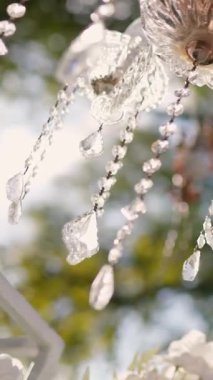 Cam bir avize ve güneş ışığında parlayan kristal bir avize. Güzel yansımalar ve ışınlar, bir ışık oyunu. Tören için düğün kemeri dekoru.
