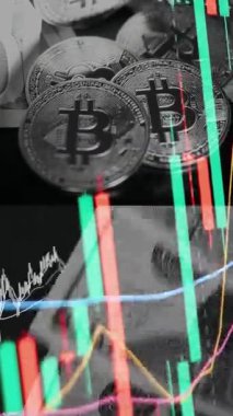 Finansal piyasadaki kripto para biriminin dijital bir grafiği gündelik olarak yükseldiğini veya düştüğünü gösteriyor. Bitcoin değeri ve kriz sırasında dijital varlık yatırımcıları için bir dolar. Tüccar kârı.