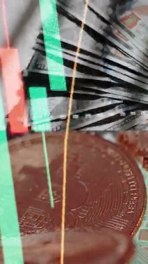 Finansal piyasadaki kripto para biriminin dijital bir grafiği gündelik olarak yükseldiğini veya düştüğünü gösteriyor. Bitcoin değeri ve kriz sırasında dijital varlık yatırımcıları için bir dolar. Tüccar kârı.