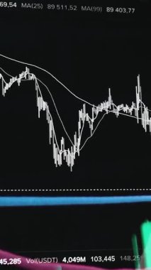 Finansal piyasadaki kripto para biriminin dijital bir grafiği gündelik olarak yükseldiğini veya düştüğünü gösteriyor. Bitcoin değeri ve kriz sırasında dijital varlık yatırımcıları için bir dolar. Tüccar kârı.