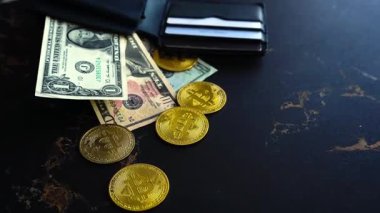 Cüzdanında dolar banknotları olan bitcoin. Dijital kripto para ve kripto para. Yatırımcı için yatırımlar. Döviz piyasası ve çevrimiçi ticaret kavramı. Boğa ve ayı pazarları ticareti