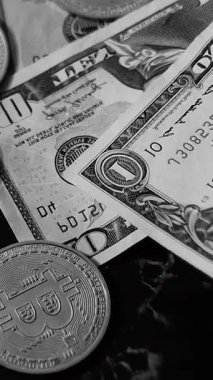 Cüzdanında dolar banknotları olan bitcoin. Dijital kripto para ve kripto para. Yatırımcı için yatırımlar. Döviz piyasası ve çevrimiçi ticaret kavramı. Boğa ve ayı pazarları ticareti