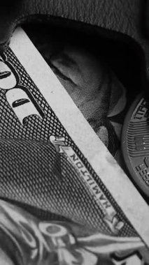 Cüzdanında dolar banknotları olan bitcoin. Dijital kripto para ve kripto para. Yatırımcı için yatırımlar. Döviz piyasası ve çevrimiçi ticaret kavramı. Boğa ve ayı pazarları ticareti