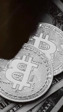 Cüzdanında dolar banknotları olan bitcoin. Dijital kripto para ve kripto para. Yatırımcı için yatırımlar. Döviz piyasası ve çevrimiçi ticaret kavramı. Boğa ve ayı pazarları ticareti