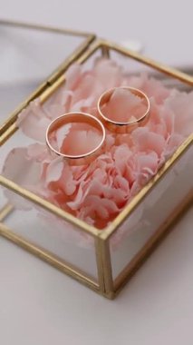 Gelin ve damadın nikah yüzüklerinin yakın plan çekimi açık hava seremonisinden önce masaya uzanır, şampanya bardakları.