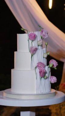 Akşam düğün kemeri beyaz çiçekler ve açık havada fenerlerle yeşillik. Resmî törende çiçek ve dekor. Kremalı büyük beyaz pasta.