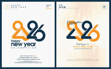 Modern poster tasarımı Mutlu yıllar 2026. Beyaz arkaplanda sarı ve koyu mavi sayılar var. Mutlu yıllar 2026 kutlamaları için en iyi tasarım..