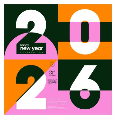 Basit Mutlu Yıllar 2026 posteri. Renkli poster tasarımı mutlu bir kutlamayı yansıtıyor. 2026 Yeni Yıl Kutlama Tasarımı. 2026 vektör premium tasarımı.