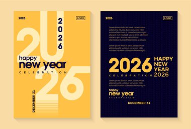 Basit Mutlu Yıllar 2026 poster tasarımı. Yeni yıl 2026 kutlama posteri. Farklı ve basit bir tasarım. 2026 tarihli afişler, afişler, el ilanları ve sosyal medya paylaşımları için vektör prim tasarımı.