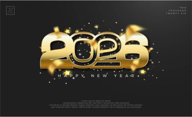 2026 yılbaşı arifesi. Mutlu yıllar 2026 afişi ve parlak altın numaralar. Selamlar, Noel kutlamaları ve 2026 yılına hoş geldin demek için birinci sınıf vektör..