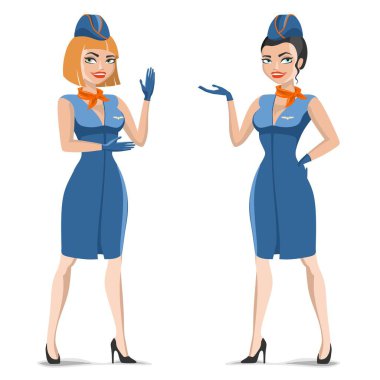 Üniformalı güzel hostesler uçmak istiyor.