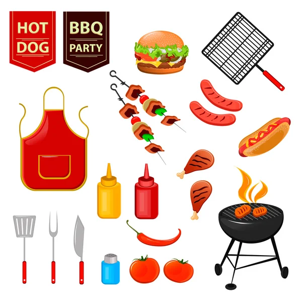 Festa de churrasco de verão. Conjunto de ícones planos com bastões de frango grelhados, cachorro-quente, carne e molhos ilustração vetorial — Vetor de Stock