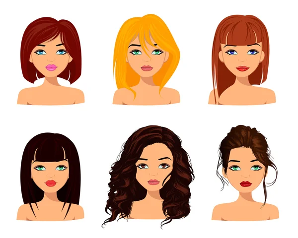 Mujeres guapas jóvenes con caras lindas, peinados de moda y hermosos ojos. Vector editable — Archivo Imágenes Vectoriales