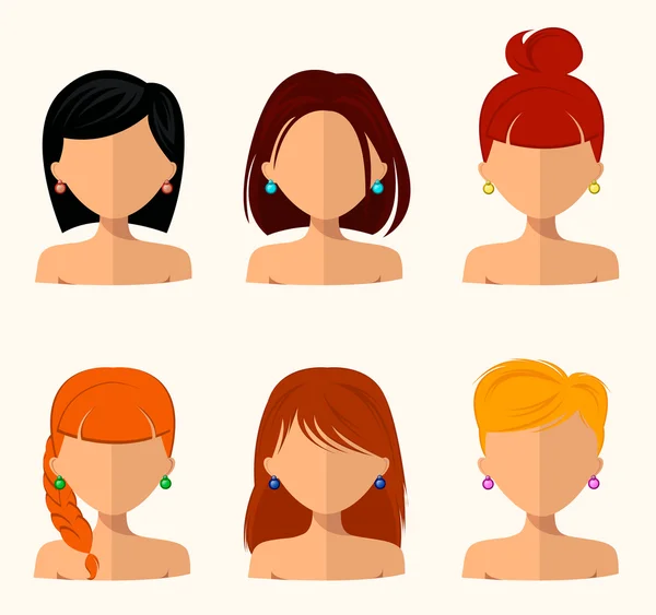 Giovani belle donne, bei volti con acconciature diverse, colore dei capelli. design piatto, bellezza e moda. Stile semplice — Vettoriale Stock