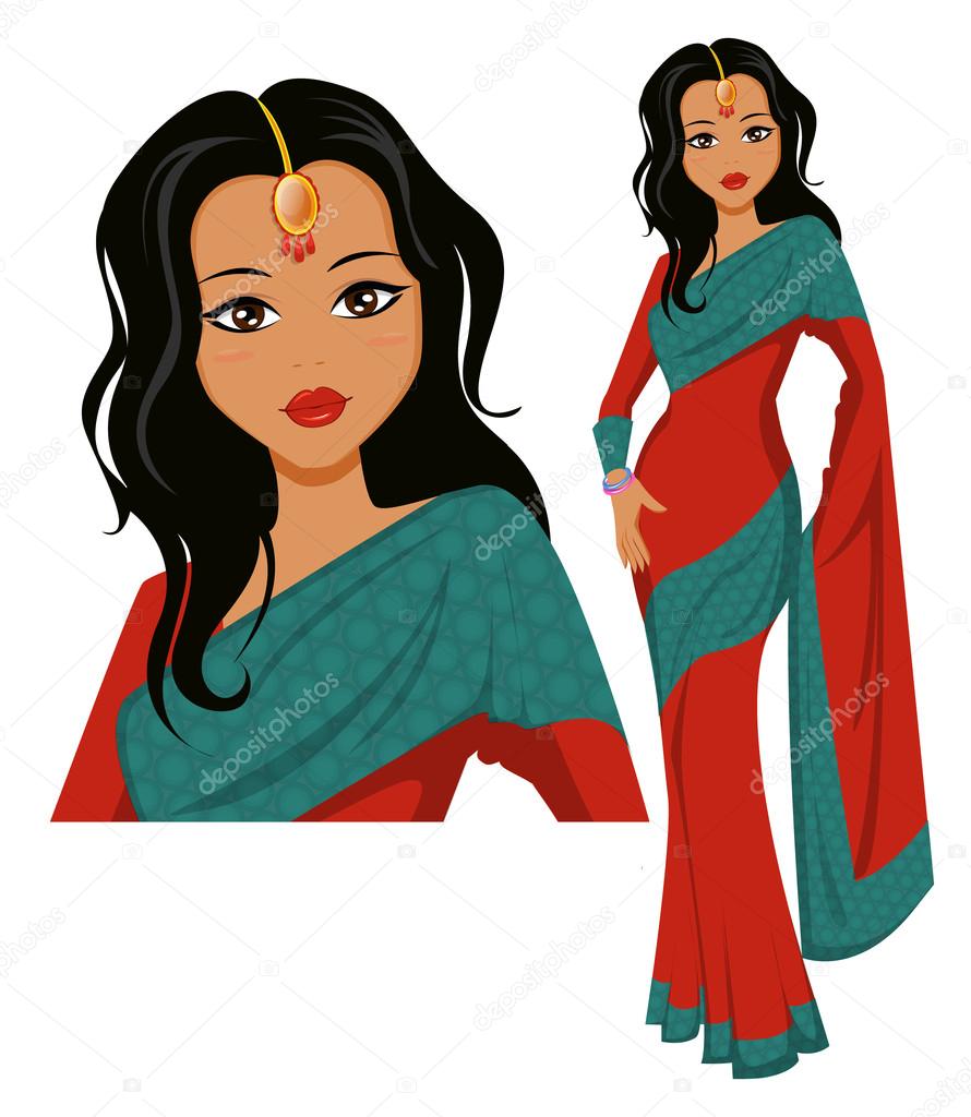 Cute Indian woman wearing a beautiful saree. Vector illustration. EPS10 ...