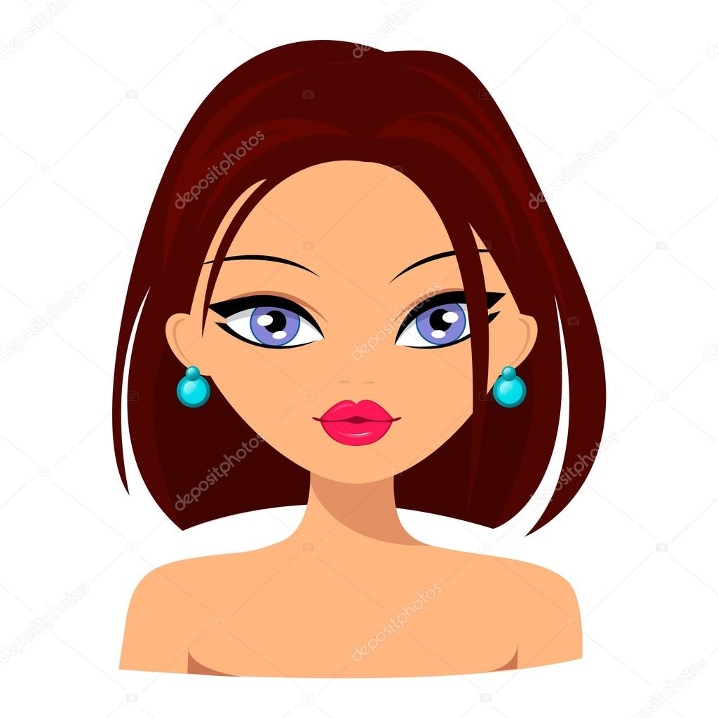 Young pretty browm hair woman with nice face and lovely hairstyle. Flat design, beauty and fashion. Vector
