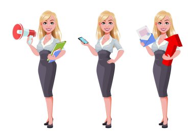 İş kadını, üç poz. Güzel iş kadını çizgi film karakteri elinde hoparlör, elinde akıllı telefon ve elinde zarf tutuyor. Vektör illüstrasyonu