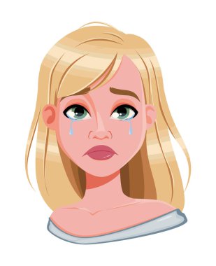 Ağlayan güzel bir kadının yüz ifadesi. Kadınsal duygular. Sevimli çizgi film karakteri. Beyaz arkaplanda vektör illüstrasyonu.