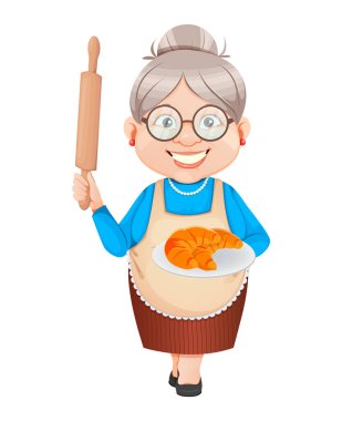 Büyükanne çizgi film karakteri elinde lezzetli kruvasan tabağı tutuyor. 8 Mart, Büyükanne ve Büyükbabalar Günün kutlu olsun. Yaşlı tatlı kadın. Vektör illüstrasyonu.