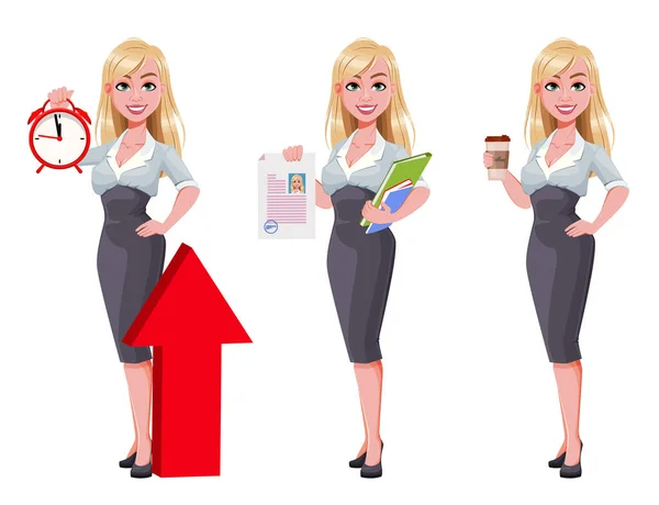 Mujer Negocios Conjunto Tres Poses Hermoso Personaje Dibujos Animados Mujer — Vector de stock