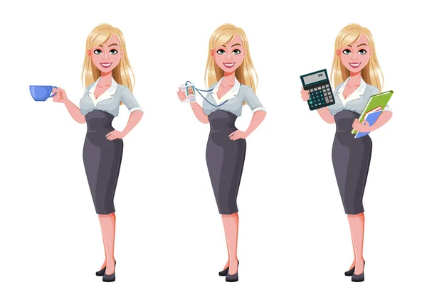 Mujer Negocios Conjunto Tres Poses Hermoso Personaje Dibujos Animados Mujer — Vector de stock