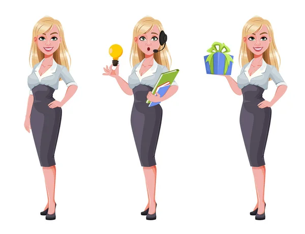 Mujer Negocios Conjunto Tres Poses Hermoso Personaje Dibujos Animados Mujer — Vector de stock