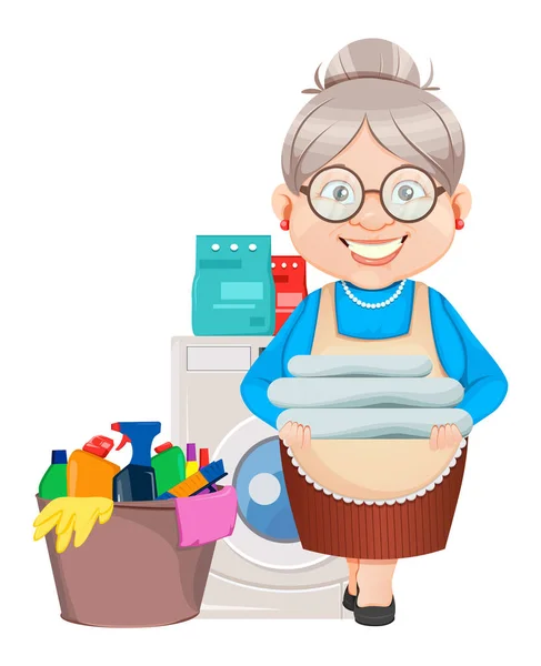 Oma Cartoon Figur Wäscht Kleidung März Happy Grandparents Day Alte — Stockvektor