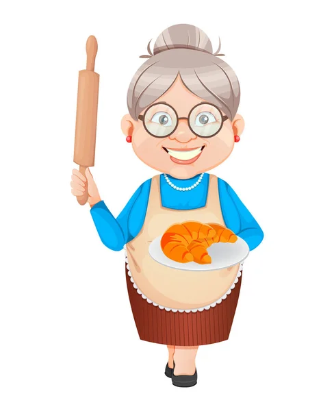 Abuela Personaje Dibujos Animados Sosteniendo Plato Con Sabrosos Croissants Marzo — Vector de stock