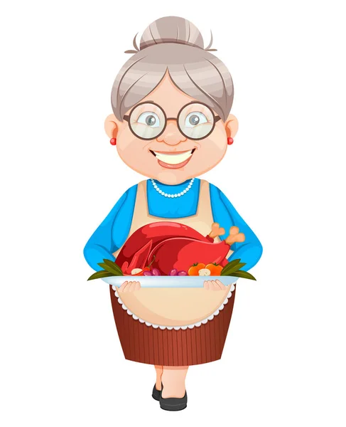 感恩节快乐 奶奶卡通人物拿着烤火鸡 3月8日 快乐祖父母日 老可爱的女人矢量说明 — 图库矢量图片