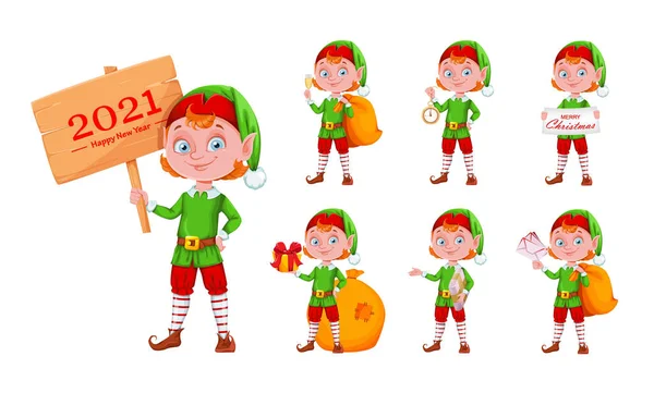 Fröhliche Weihnachtself Cartoon Figur Set Von Sieben Posen Frohe Weihnachten — Stockvektor