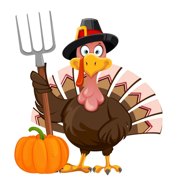 Glückwunschkarte Zum Erntedankfest Lustige Cartoon Figur Thanksgiving Truthahn Vogel Hält — Stockvektor