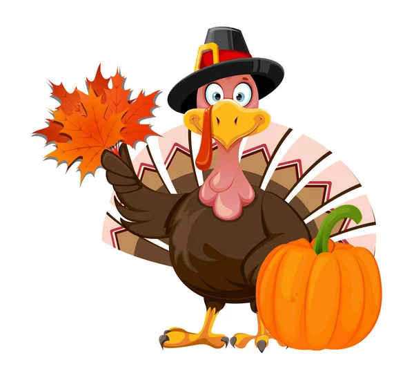 Gelukkige Thanksgiving Day Wenskaart Grappig Stripfiguur Thanksgiving Turkey Vogel Met — Stockvector