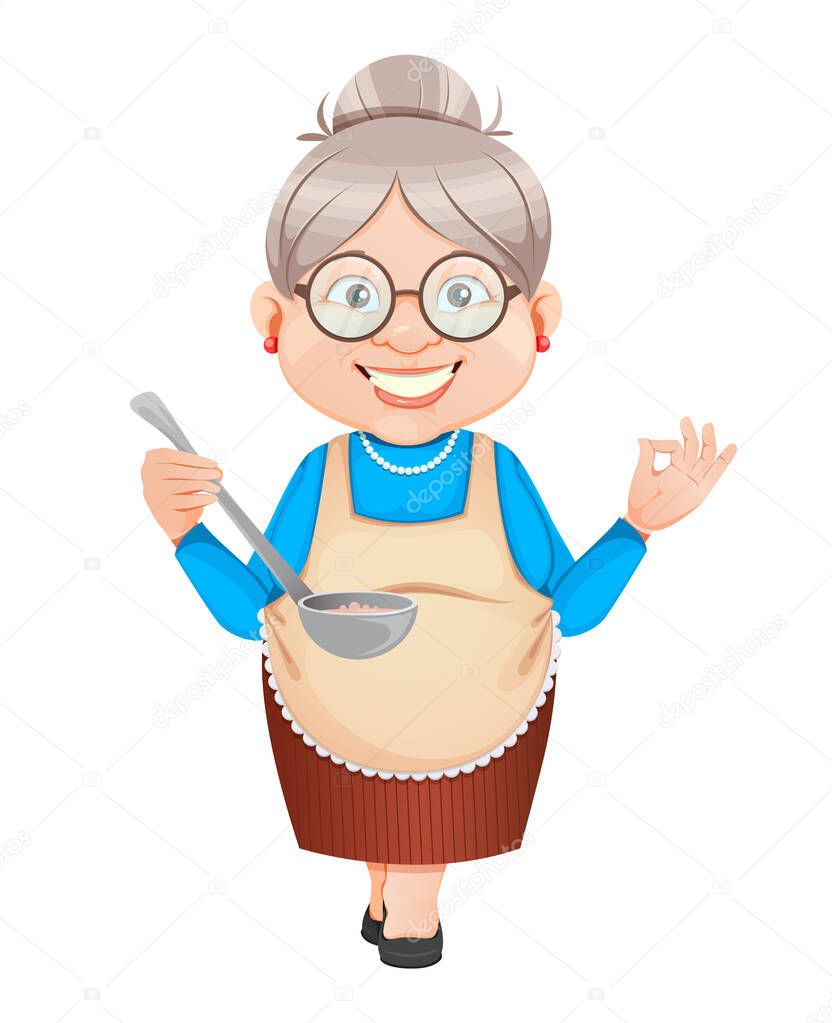 Grandma cartoon character tasting food. 8 March, Happy Grandparents Day. Old cute woman. Vector illustration.