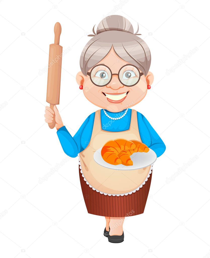 Grandma cartoon character holding plate with tasty croissants. 8 March, Happy Grandparents Day. Old cute woman. Vector illustration.