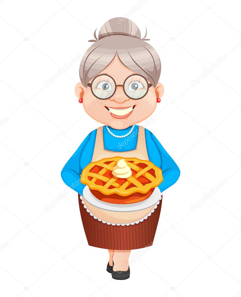 Grandma cartoon character holding sweet pumpkin pie. Happy Thanksgiving day, 8 March, Happy Grandparents Day. Old cute woman. Vector illustration.